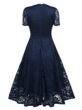 Retro Short Sleeve V-neck Lace Mid-length Dress