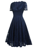 Retro Short Sleeve V-neck Lace Mid-length Dress