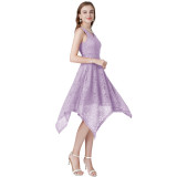 Solid Color Sleeveless V-neck Lace Irregular Dress