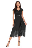 Solid V-neck Short Sleeve Slit Ruffled Lace/chiffon Evening Dress