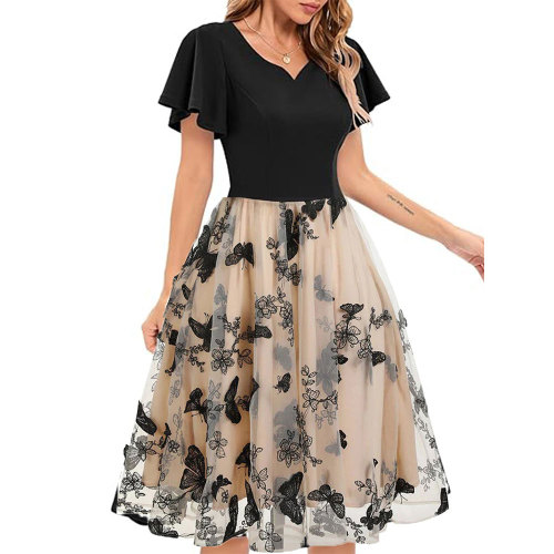 Casual V Neck Short Sleeve Butterfly Mesh Embroidery Swing Dresses