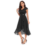 Solid V-neck Short Sleeve Slit Ruffled Lace/chiffon Evening Dress