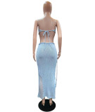 Sexy See Through Strapless Backless Wrapped Tube Top Tassel Knit Skirt