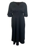 Elegant V Neck A-line Pullover Pleated Dress with Elasticated Waist