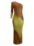 Summer Print Sloping Shoulder Single Sleeve Gradient Color Long Dress