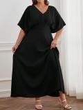 Plus Size Elegant V Neck A-line Pullover Pleated Dress with Elasticated Waist