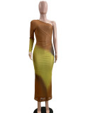 Summer Print Sloping Shoulder Single Sleeve Gradient Color Long Dress