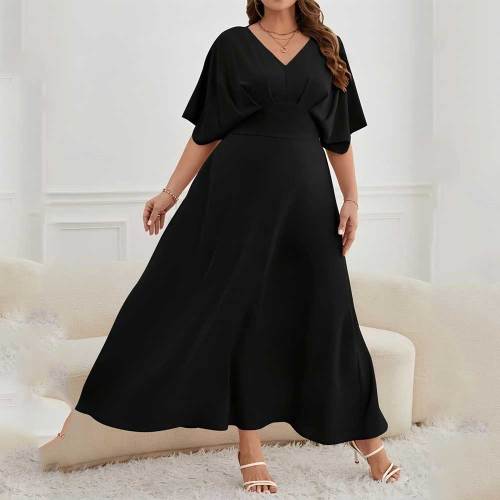 Plus Size Elegant V Neck A-line Pullover Pleated Dress with Elasticated Waist