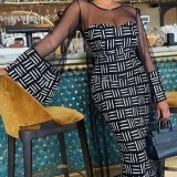 Plus Size Elegant Black Style Printed Mesh Splicing Two-piece Dress