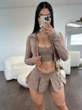 (Pre-order16/5)Solid Acid-washed Distressed Three Piece Skirt Set