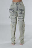 Washed Zipper Jeans Casual High Elastic Denim Trousers