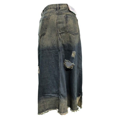Distressed Denim Straight-leg Loose Denim Skirt with Pockets