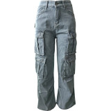 Solid Washed Patchwork Pocket High Waist Wide Leg Denim Jeans