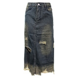 Distressed Denim Straight-leg Loose Denim Skirt with Pockets