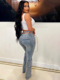 Fashion Elastic Jeans Multi-pocket Double Waistband Denim Trousers