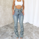 Fashion Elastic Jeans Multi-pocket Double Waistband Denim Trousers