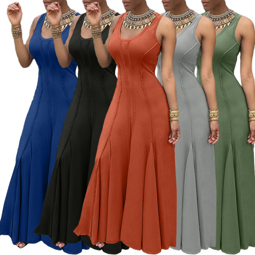 Summer Solid Color Sleeveless U-Neck Swing Women's Dress
