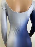Sexy Round Neck Gradient Print Long Sleeve Slim Bodycon Women Dress