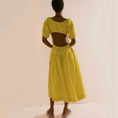 Summer Solid Lantern Sleeves Scoop Neck Short Sleeves Maxi Dress