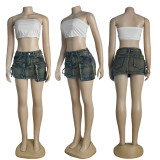 Casual High-elastic Multi-pocket Workwear Washed Denim Skirt