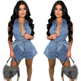 Solid Sleeveless Slim Stretch Washed Denim One Piece Rompers