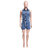 Solid Sleeveless Slim Stretch Washed Denim One Piece Rompers