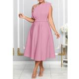 Solid Slope Neck One Shoulder Frill Detail High Waist Midi Dress