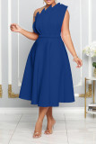 Solid Slope Neck One Shoulder Frill Detail High Waist Midi Dress