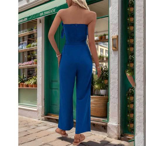 Solid Color Strapless Ruched Jumpsuit