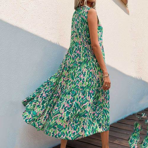 Green Print Bohemian Style Sleeveless Maxi Dress