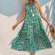 Green Print Bohemian Style Sleeveless Maxi Dress