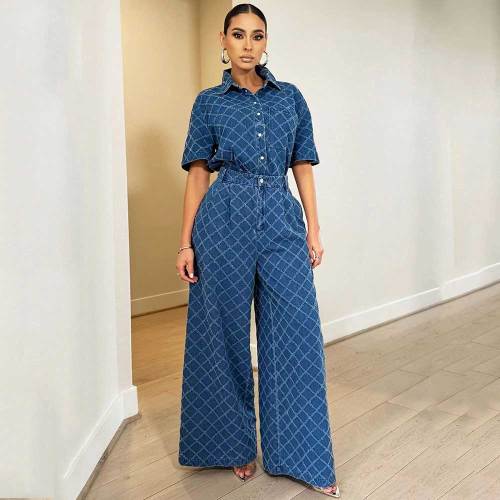Women's Casual Plaid Washed Denim Match Tops & Flared Pants Set