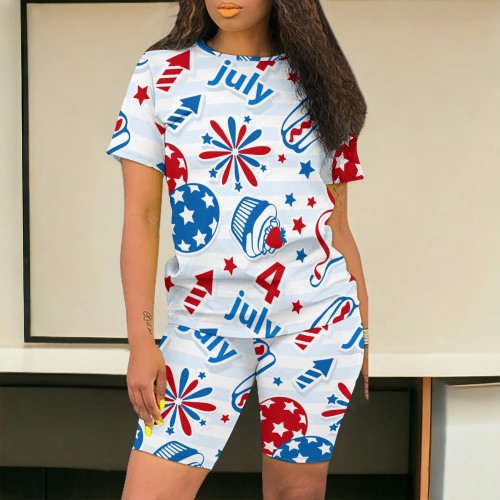 American Flag Print Fashion Women's Short Sleeve T-Shirt Shorts Two Piece Set