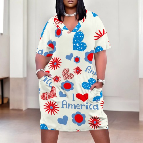 Large Women's V-Neck Independence Day Printing Short-Sleeve Dress