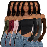 Solid Color Asymmetric Sexy Long Sleeve Double Layered Boat Neck Top