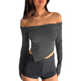Solid Color Asymmetric Sexy Long Sleeve Double Layered Boat Neck Top