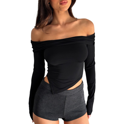 Solid Color Asymmetric Sexy Long Sleeve Double Layered Boat Neck Top
