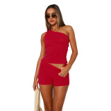 High-elastic One-shoulder Slit Pit Shorts Set