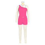 High-elastic One-shoulder Slit Pit Shorts Set