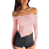 Solid Color Asymmetric Sexy Long Sleeve Double Layered Boat Neck Top