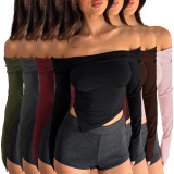 Solid Color Asymmetric Sexy Long Sleeve Double Layered Boat Neck Top