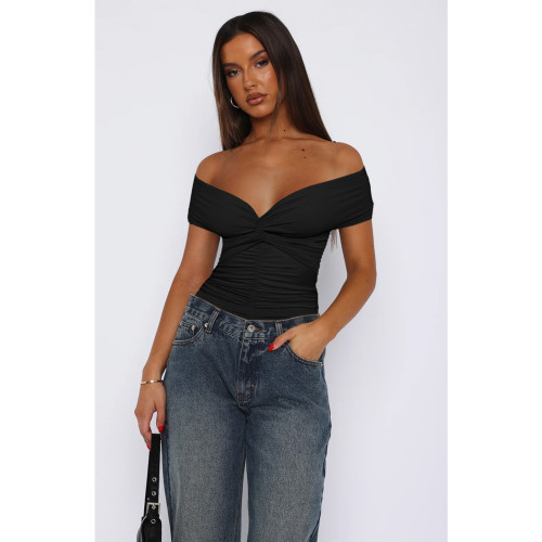 Sexy V-neck Knot Cross-shoulder Pleated T-Bodysuit Tops