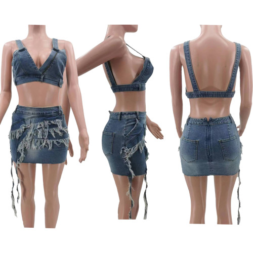 Summer Fashion Stretch Tassel Denim Short Skirt Set