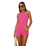 High-elastic One-shoulder Slit Pit Shorts Set