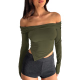 Solid Color Asymmetric Sexy Long Sleeve Double Layered Boat Neck Top