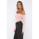 Solid Color Asymmetric Sexy Long Sleeve Double Layered Boat Neck Top