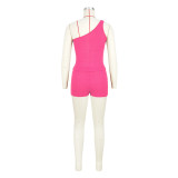 High-elastic One-shoulder Slit Pit Shorts Set