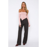 Solid Color Asymmetric Sexy Long Sleeve Double Layered Boat Neck Top