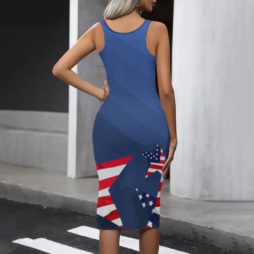 American Independence Day Flag Print Dress Straps V Neck Midi Dresses