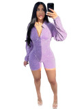 Classic Washed Distressed Lapel V Tight Long Sleeve Rompers